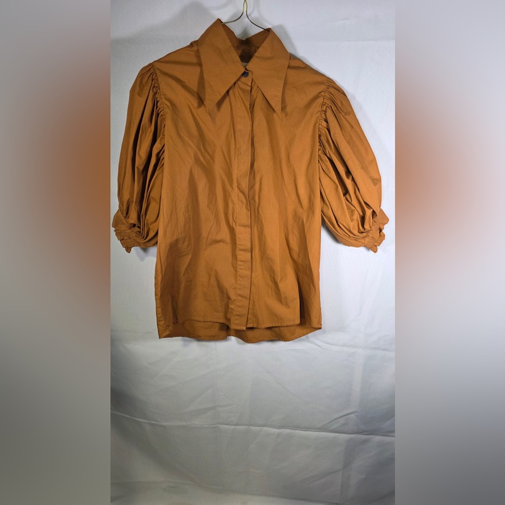 S/W/F Orange Cotton Puff Sleeve Button Front Blouse Size XS